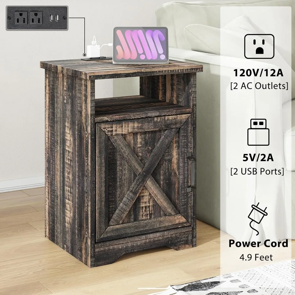 4-Piece Farmhouse Table Set,Coffee Table& Two End Tables,Side Table with Charging Station and USB Ports 5