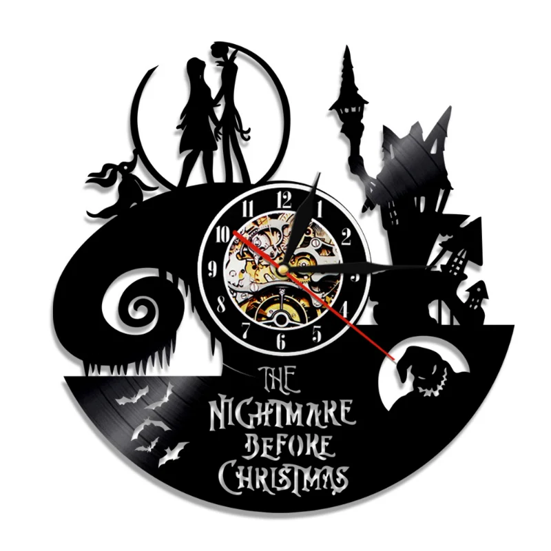 thumbnail image 1 of Reloj de pared de disco de vinilo pesadilla antes de Navidad, decoración de sala de películas de cine en casa, personajes de dibujos animados, reloj de Halloween, juguete de regalo, 1 of 5