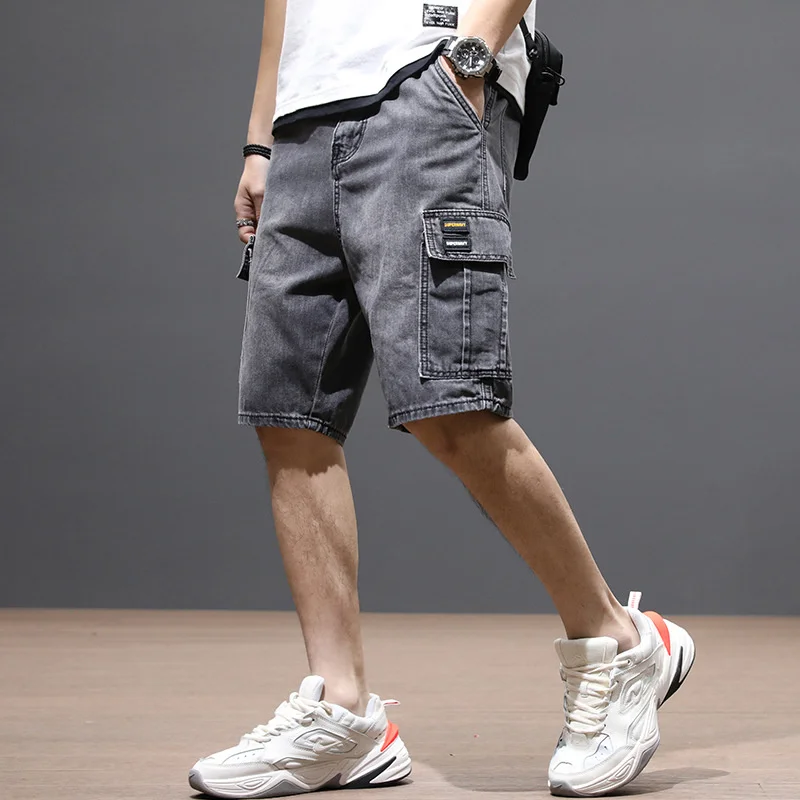 Summer Men\'s Fashion Pocket Baggy Jeans Shorts Loose Straight Capris Jeans For Men Streetwear Cargo Short Pants