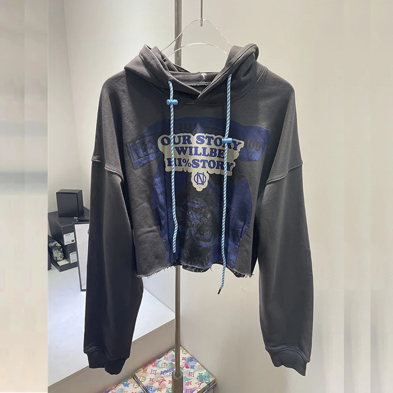 DAYIFUN-Drawstring Hooded Sweatshirts Women Short Color Block Letter Printed Hoodies Spring Summer Pullovers Lady Tops New 2024