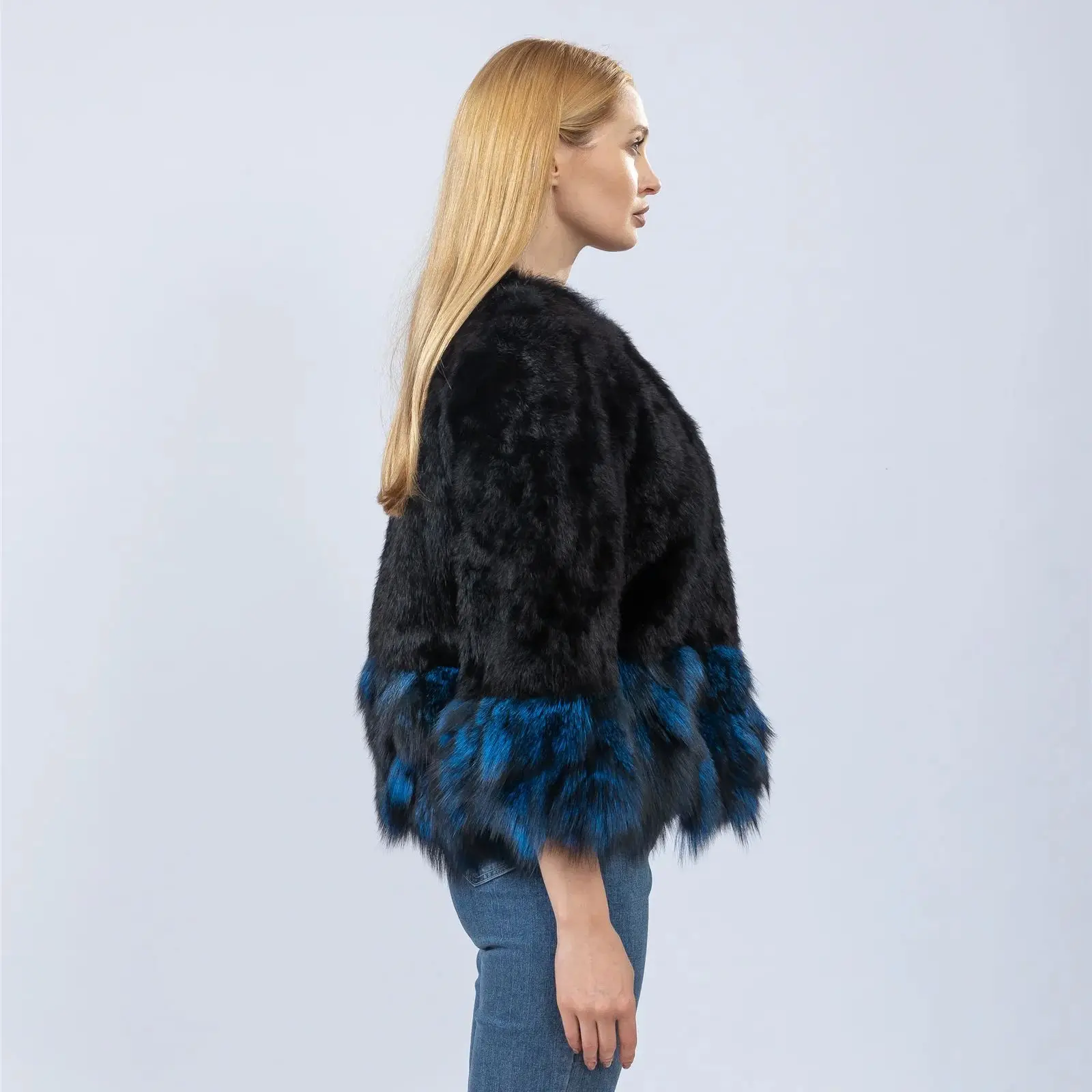 Natural Rabbit Fur Short Coat Jacket Whole Skin Fox  Patchwork Cuffs Woman Fashion Thick Warm 2023 Autumn Winter Clothes B230607