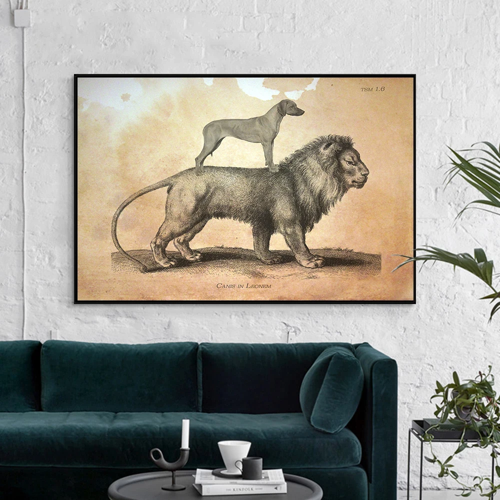 Rhodesian Ridgeback Dog Riding Lion Poster Canvas Painting Vintage Artprint Nordic Wall Tea Stain Dog Picture Bedroom Decor Gift