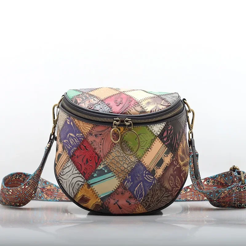 

Zency Genuine Leather Vintage Colorful Crossbody Bag For Women National Style Folk Shoulder Bag Pretty Shell Bag With Wide Belt