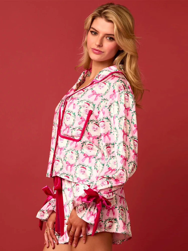 Y2k Pink Bow Pajama Sets for Women 2 Piece Shorts Cute Short Sleeve Matching Lounge Shirts Sets 90S Santa Claus pajamas pajama sets