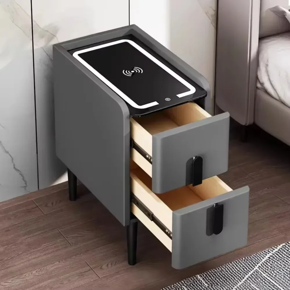 Smart Bedside Table with Wireless Charger Narrow Smart LED Nightstands Bedside Cabinet Bedroom Solid Wood Simple Table