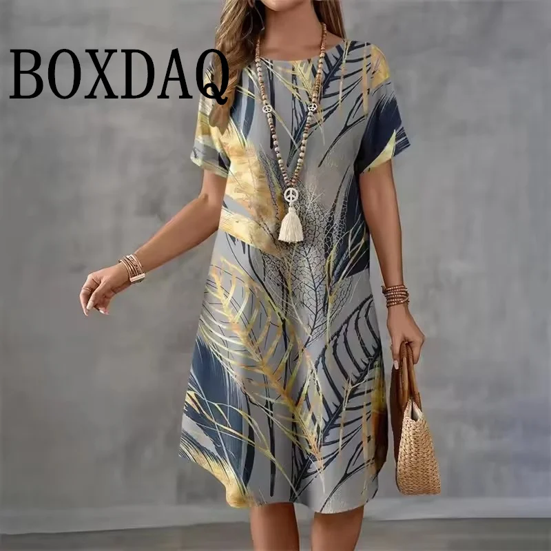 Summer Holiday Hawaiian Dress For Women 2025 New Ladies O-Neck Short Sleeve Loose Dress Casual Coconut Tree Print Beach Dresses