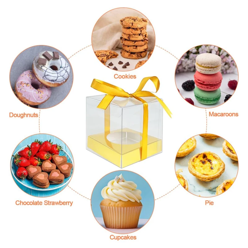 12Pcs PET Square Transparent Cupcake and Cake Boxes with Decorative Ribbons, Clear Plas... - SKU STCB1745 - UGI Packaging