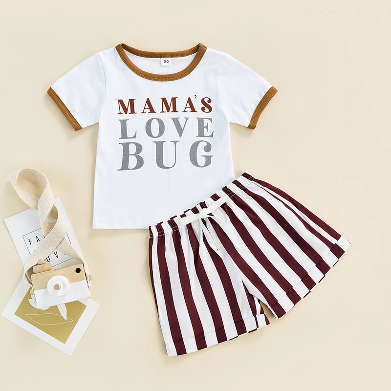 

Kids Boys Girls Mother's Day Outfits Letter Print Short Sleeve T-Shirts Tops Elastic Waist Stripe Shorts Set boys Sets