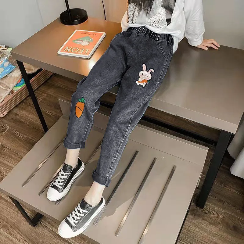 Fashion Girls Cartoon Rabbit Embroidered Jeans Kids Pants Korean Girls Slim-Fit Denim Trousers 3-12 Year Old