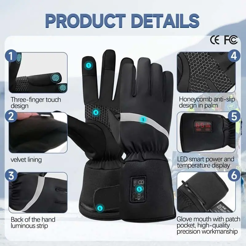 Electric Heating Gloves 2200mAh Rechargeable Touch Screen Waterproof Winter Outdoor Sports Heated Glove With Temperature Control