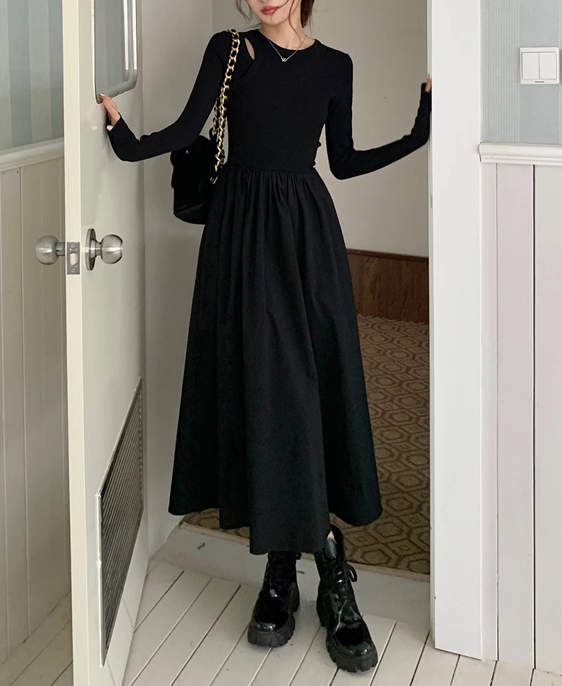 

2023 Autumn Black Dress for Female Hollowed Out Shoulder O-Neck Long Sleeve Fit and Flare Women Dress Long Lady Party Dresses