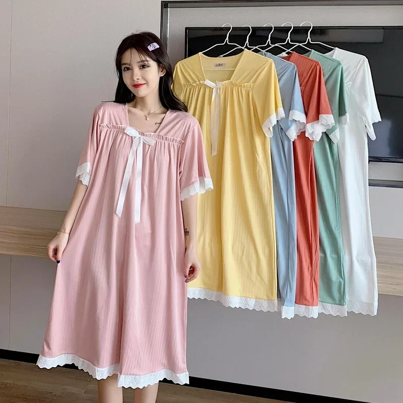 

Summer Pajamas Women's Milk Silk Enlarged Loose Short-sleeved Nightdress Sweet Solid Color Bow Mid-length Dress Sleepwear Women