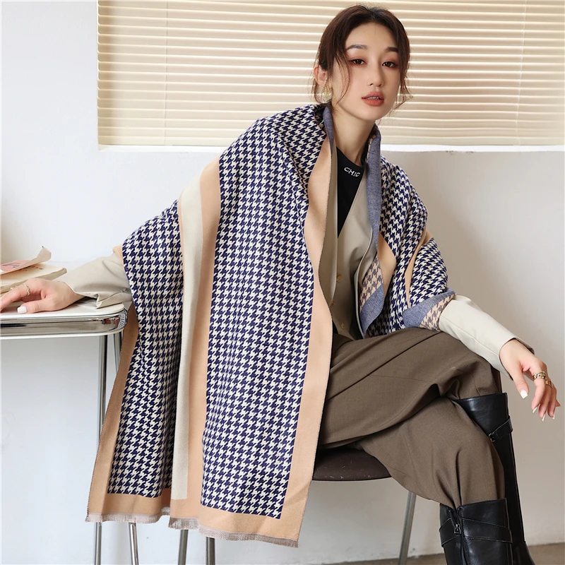 Thick Warm Winter Scarf Houndstooth Design Print Women Cashmere Pashmina Shawl Lady Wrap Scarves Knitted Female Foulard Blanket for printed scarf,cashmere scarf,women scarves