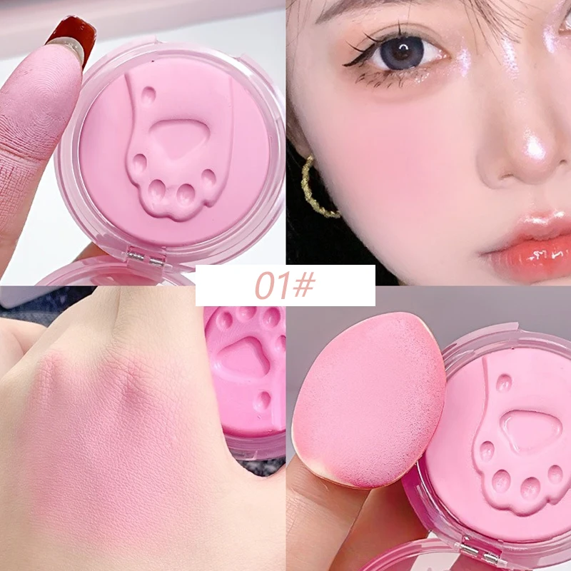 Blush Cream Facial Blusher Cream Blusher 3D Relief Cat Footprint Makeup Face Tint Cheek Contour Brightens Natural Matte Mousse Rouge Puff