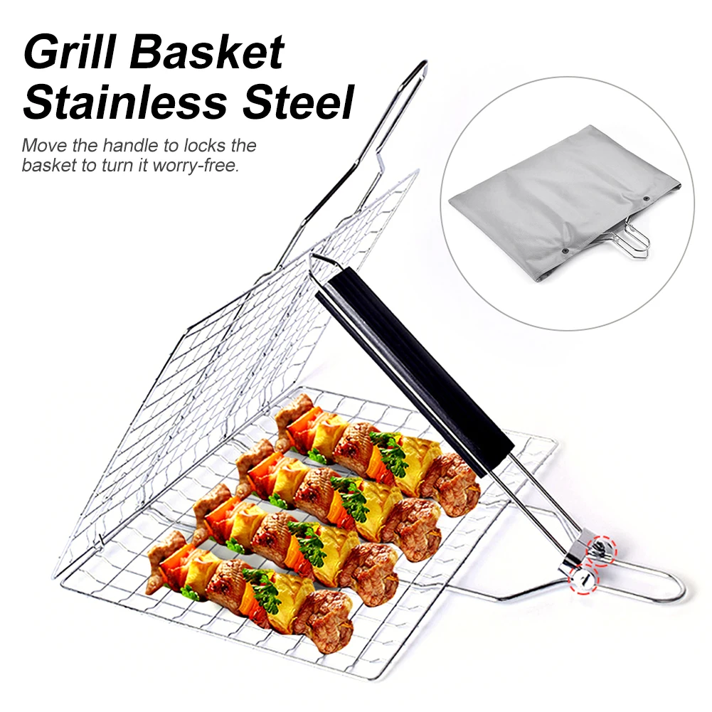 

Stainless Steel BBQ Grilling Basket Large Folded Non-Stick Grill Basket Grill Mesh Mat Meat Vegetable Steak Picnic BBQ Tools