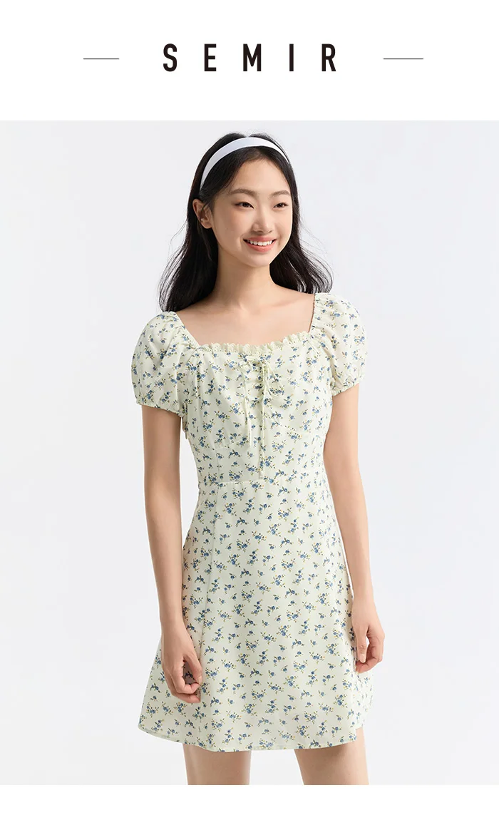 Vestido de mujer con mangas abullonadas y estampado floral de gasa Mori, nuevo vestido de verano con escote cuadrado y cintura corta, divertido