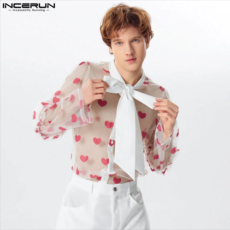 

INCERUN Men's Shirt Printing Mesh Patchwork Lace Up Long Sleeve Men Clothing Transparent Streetwear Sexy 2024 Fashion Camisas