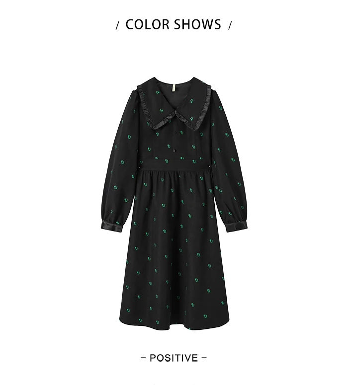 Vestido de mujer con mangas abullonadas y estampado completo, negro, de invierno, con solapa de encaje.