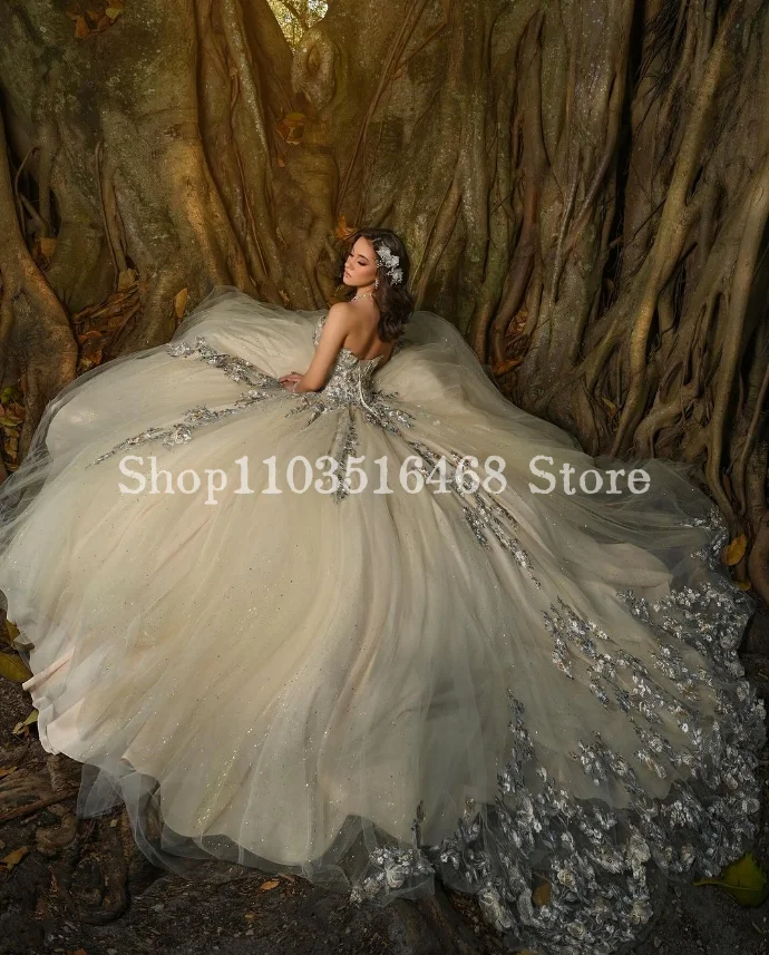 

Платье принцессы хаки Quinceanera 2024 Роскошная фантазия без бретелек Серебряная аппликация инкрустированная искусственными 16 платьями платье для вечеринки