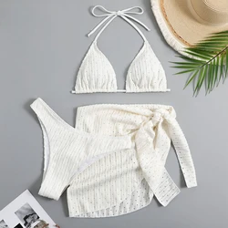 Summer Halter Bikini Set with Sarong Skirt - Sexy Thong Swimwear in Multiple Colors - S (White)