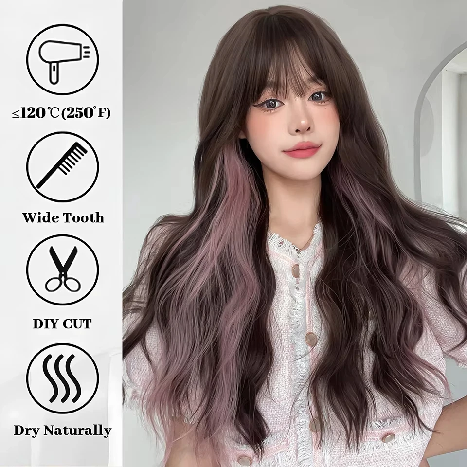 Brown Pink Synthetic Wig for Women Cosplay Heat Resistant