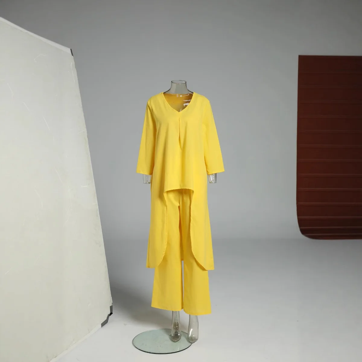 Women Long Sleeve V Neck Shirts and Wide Leg Pants Sets