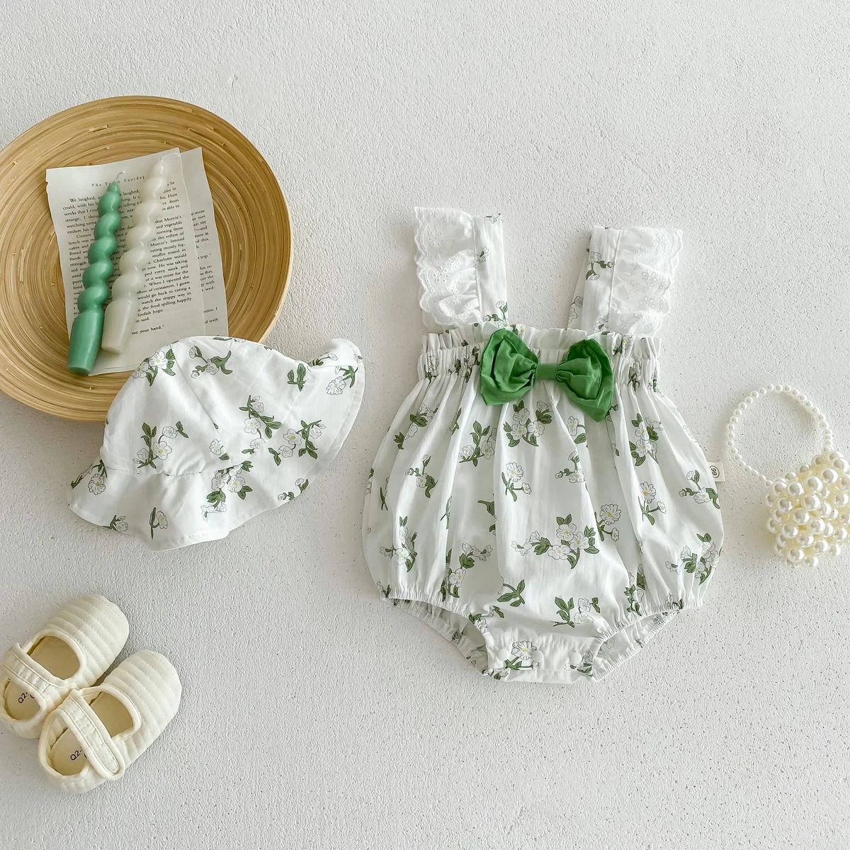 Summer Baby Bodysuit Girls Lace Short Sleeves Floral Prints Romper with Hat 0-2yrs