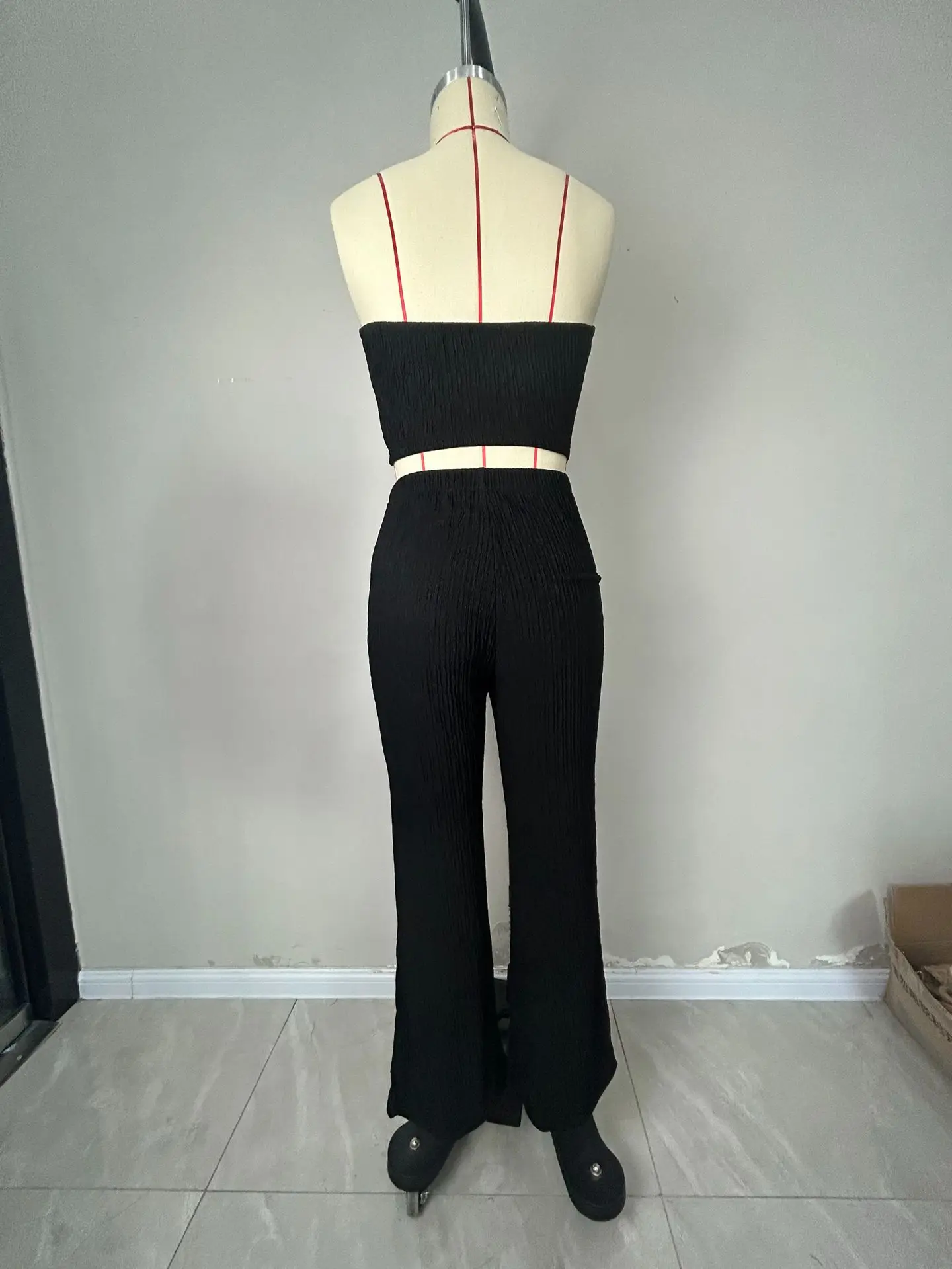 Women Wide Leg Flare Pant Suits with Strapless Cropped Tops