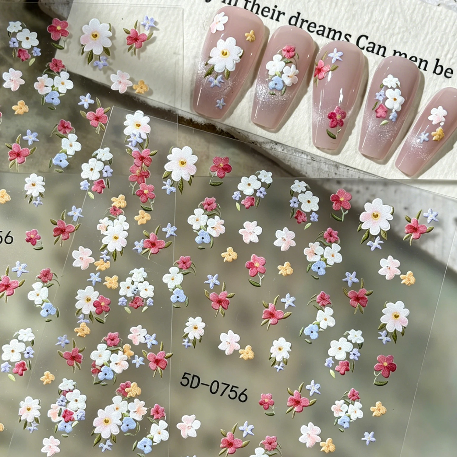 1pcs 5D 핑크 화이트 미니 꽃 네일 스티커 봄 여름 피는 꽃 네일 데칼 8*10cm 자체 접착 네일 장식