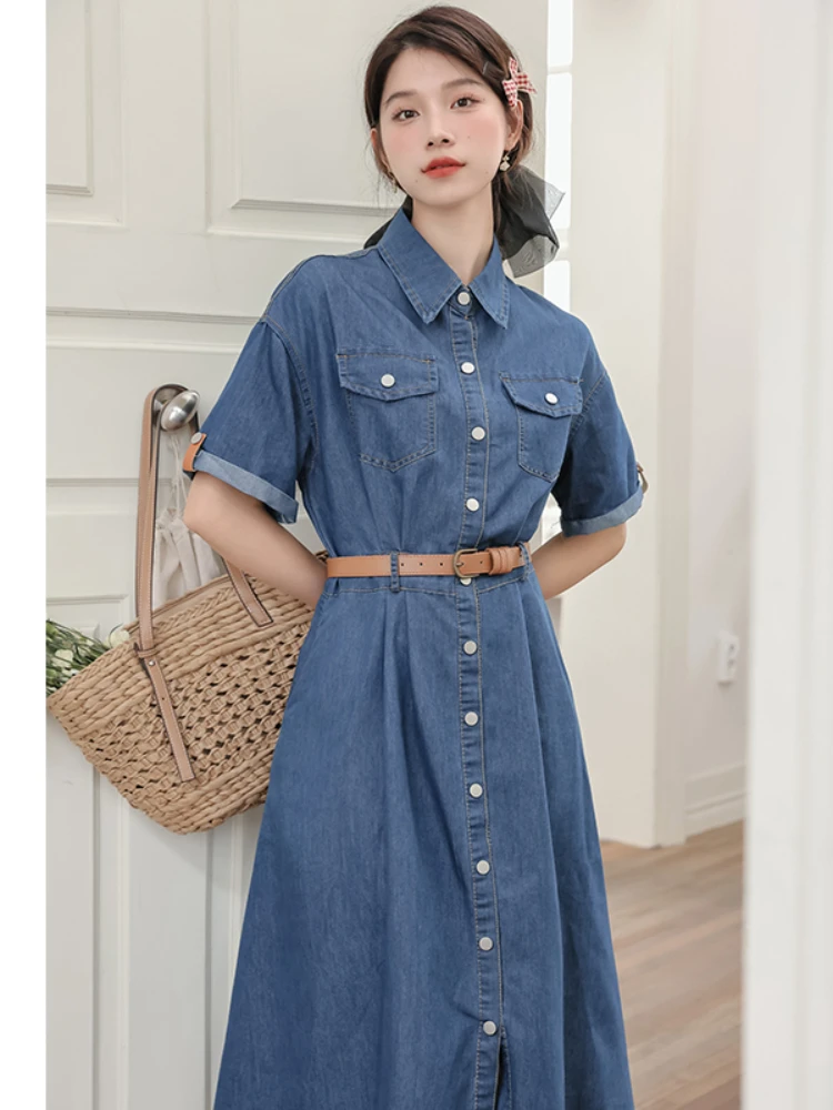 

FMFSSOM New Vintage Spring Summer Solid Slim Button Short Lady Dress A Line Single Breasted Mid-Calf Women Dresses