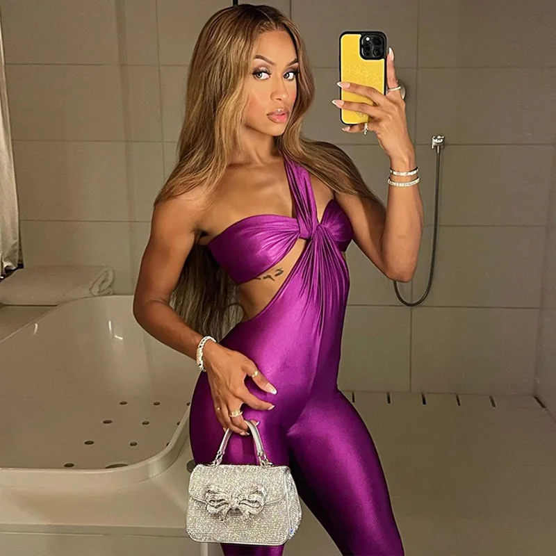 

Solid One Shoulder Sleeveless Backless Irregular Sexy Bodycon Jumpsuit 2023 Fall Women Cute Streetwear Party Overalls
