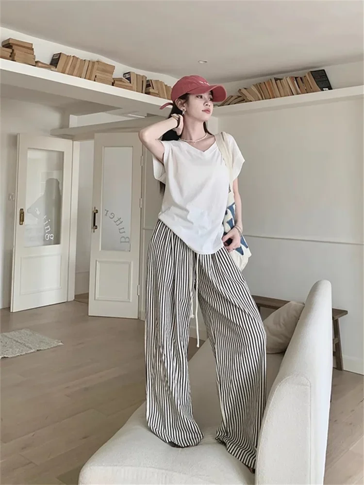 Deeptown Korean Fashion Striped Pants Women Y2K Vintage 90s Wide Leg Trousers Oversized Retro Elastic Waist Casual Sweatpants
