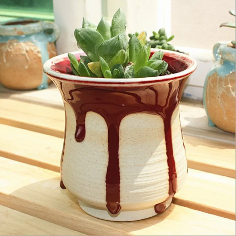 

★Jingdezhen Sunny Lang Kiln Red Flow Glaze Flower Pot Succulent Boutique Desk Small Flower Pot Red Ceramic Crafts
