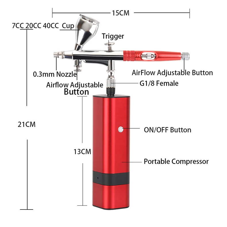 Portatile Kit aerografo a doppia azione airbrush 0.3mm 7cc spray gun Painting 