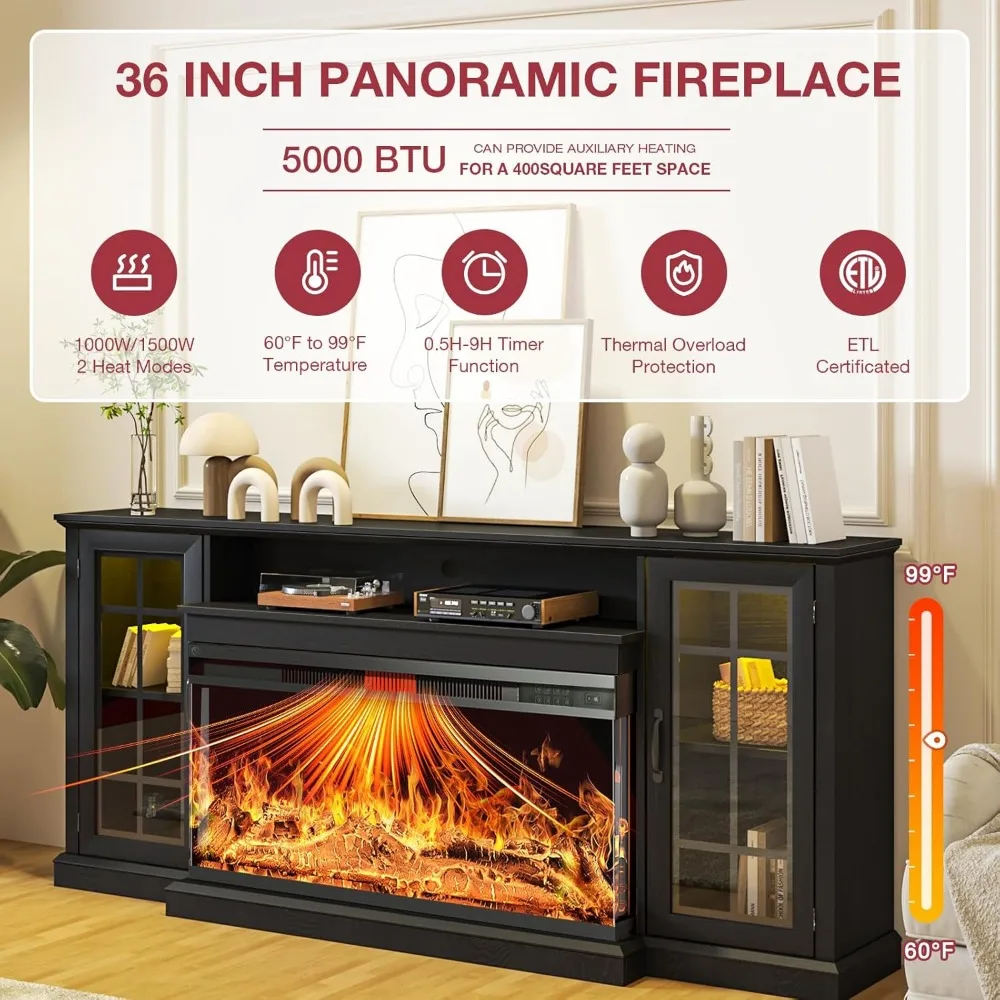 36 Inch 3-Sided Glass Fireplace TV Stand for TVs up to 80", Rustic Media Entertainment Center Console TSet of TV Stand 4