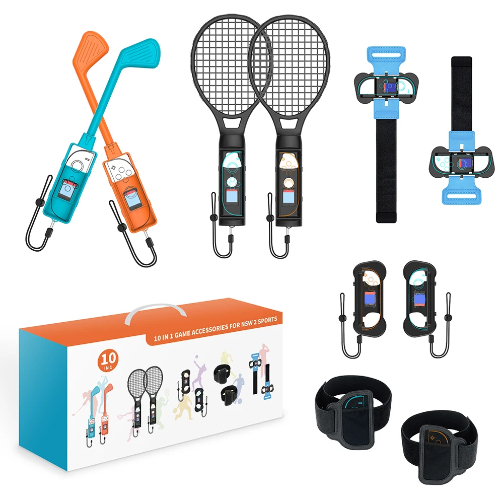 10 IN 1 Sports Accessories Set for Nintendo for Switch 2 Joy-Con Tennis Racket Golf Club Armband Leg Strap Game Controller Grip