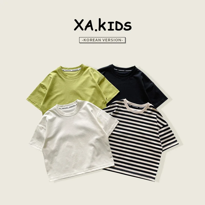 

Children's Summer Top 2024 Summer New Children's Wear Short Sleeved Boys and Girls Korean Versatile Solid Color T-shirt