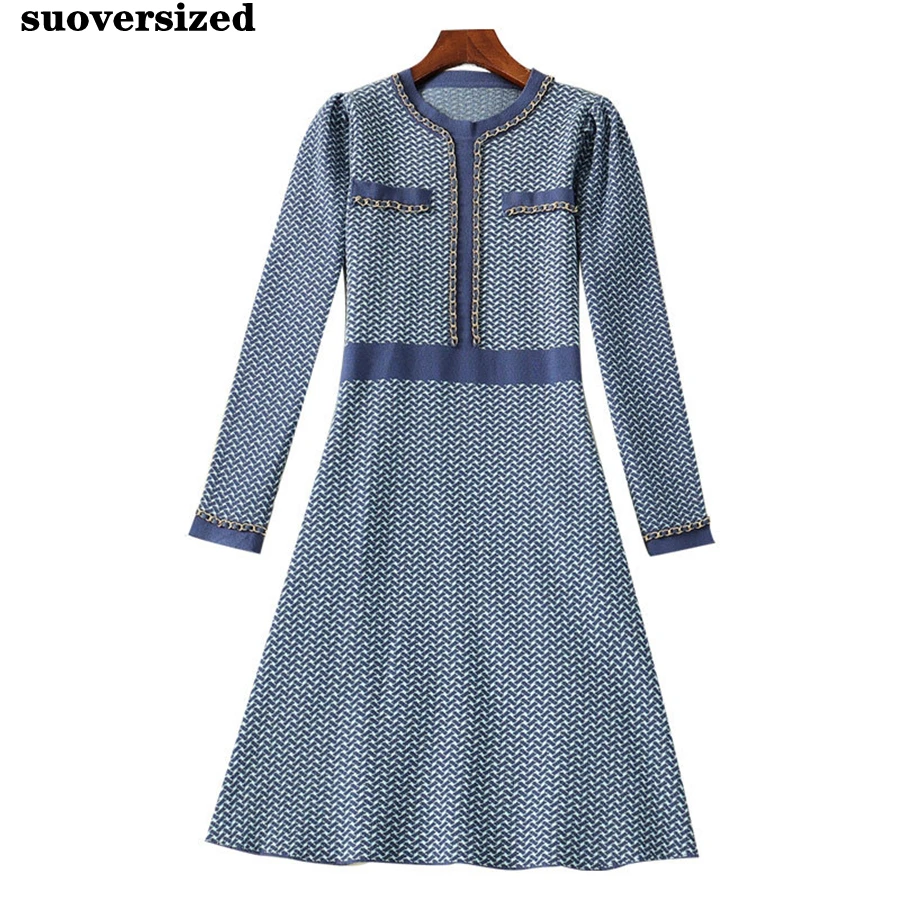 

Vintage Patchwork Midi Knitted Dresses Women O-Neck Bright Line Slim A-line Luxury Vestidos Long Sleeve Korean Elegante Robe New