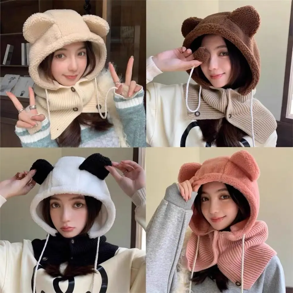 

Thickened Warm Knitted Scarf Hat Soft Scarf One Piece Hooded Women's Large Headband Plush Windproof Warm Ear Hats Women