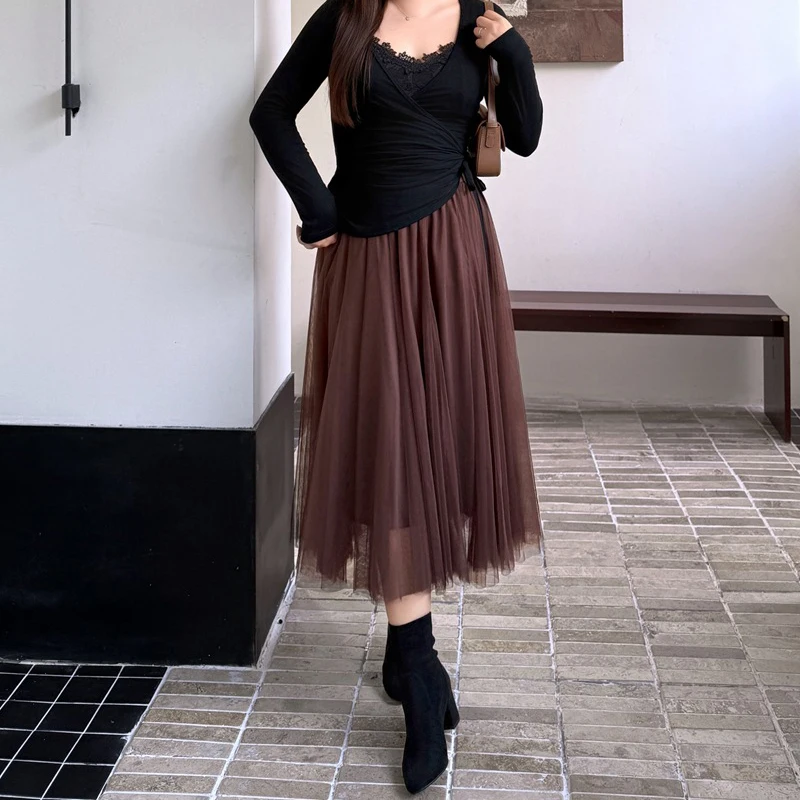 XXXL Fashion Plus Size Women Mesh Skirt Premium Elastic Waist Romantic Coffee Solid Color Bottoms For Autumn Winter 8264