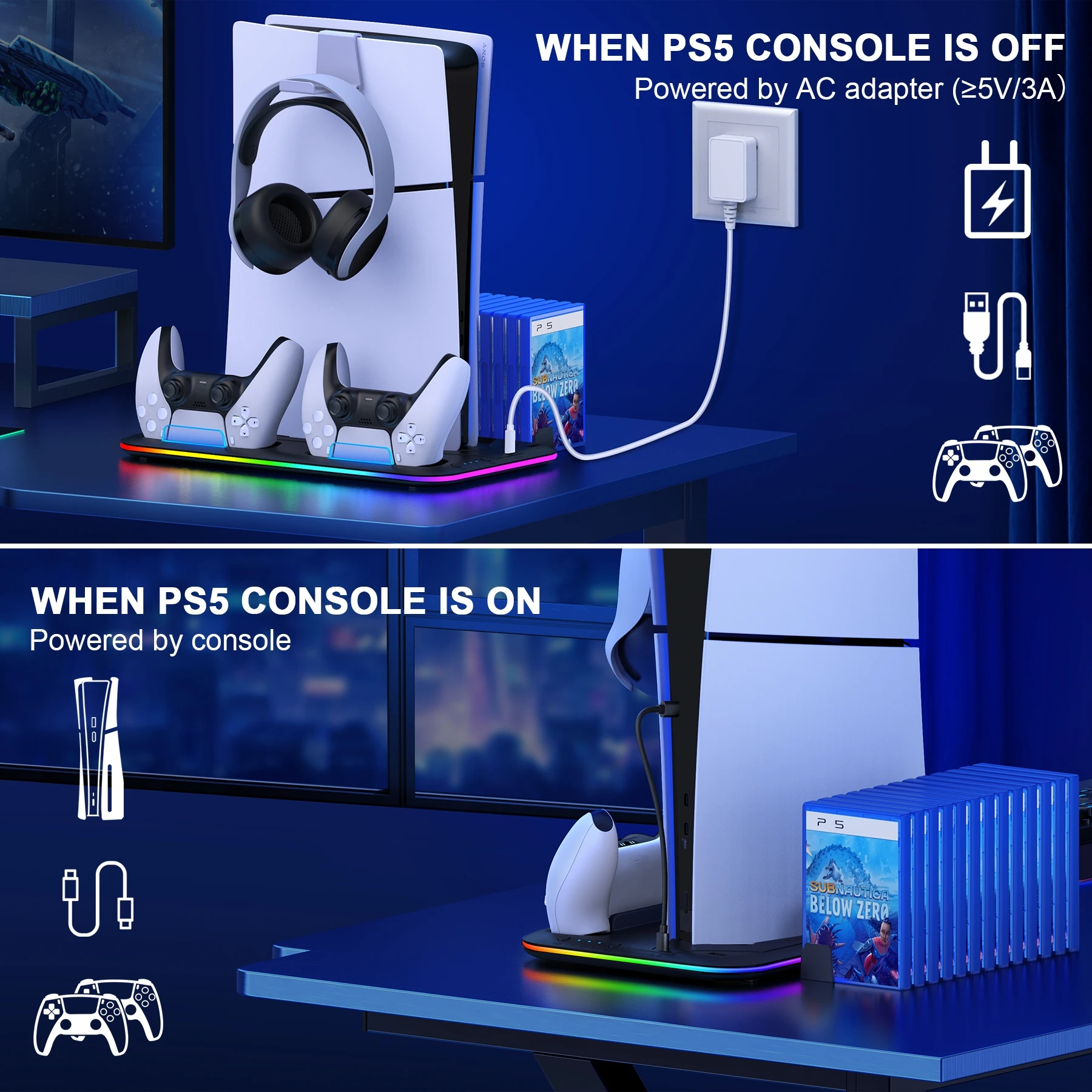 RGB Light Cooling Stand for PS5 Slim PS5 Controller Charger Led Cooling Fan Dock Station For Sony Playstation 5 PS5 Accsessories