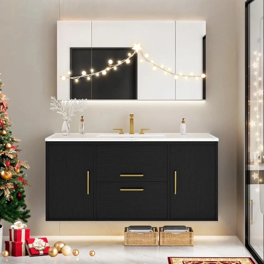 36 Inch Floating Bathroom Vanity with Three Holes Sink, Wall Mounted Cabinet with 2 Storge Cainets Undermount Ceramic Basin 5