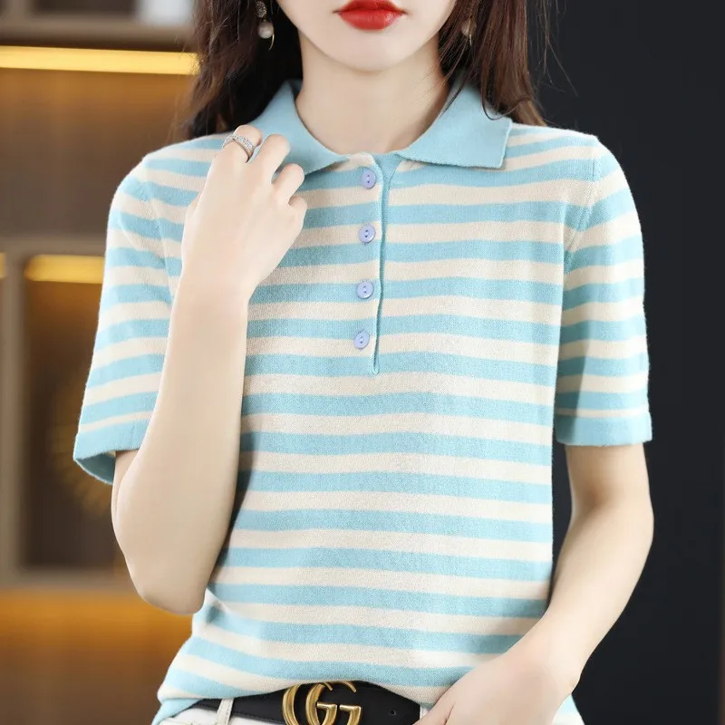 WinvyNee Summer Women's Solid Polo Shirt Striped Short Sleeved Top Casual Cotton T Shirt Women Casual Knitted Clothing A1002003