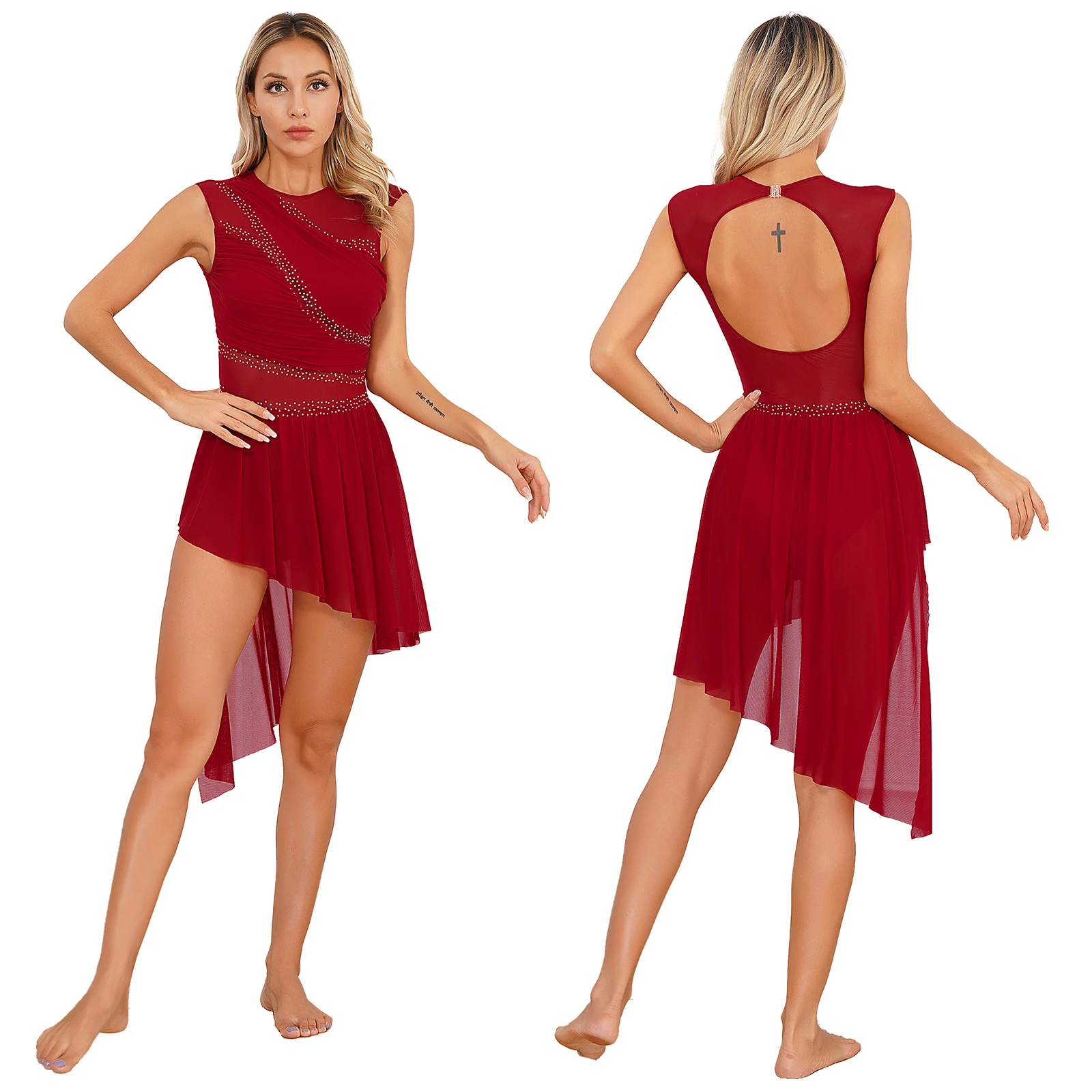 

Women Shiny Rhinestone Lyrical Dance Dress Sleeveless Mesh Figure Skating Dance Dress Modern Contemporary Performance Dancewear
