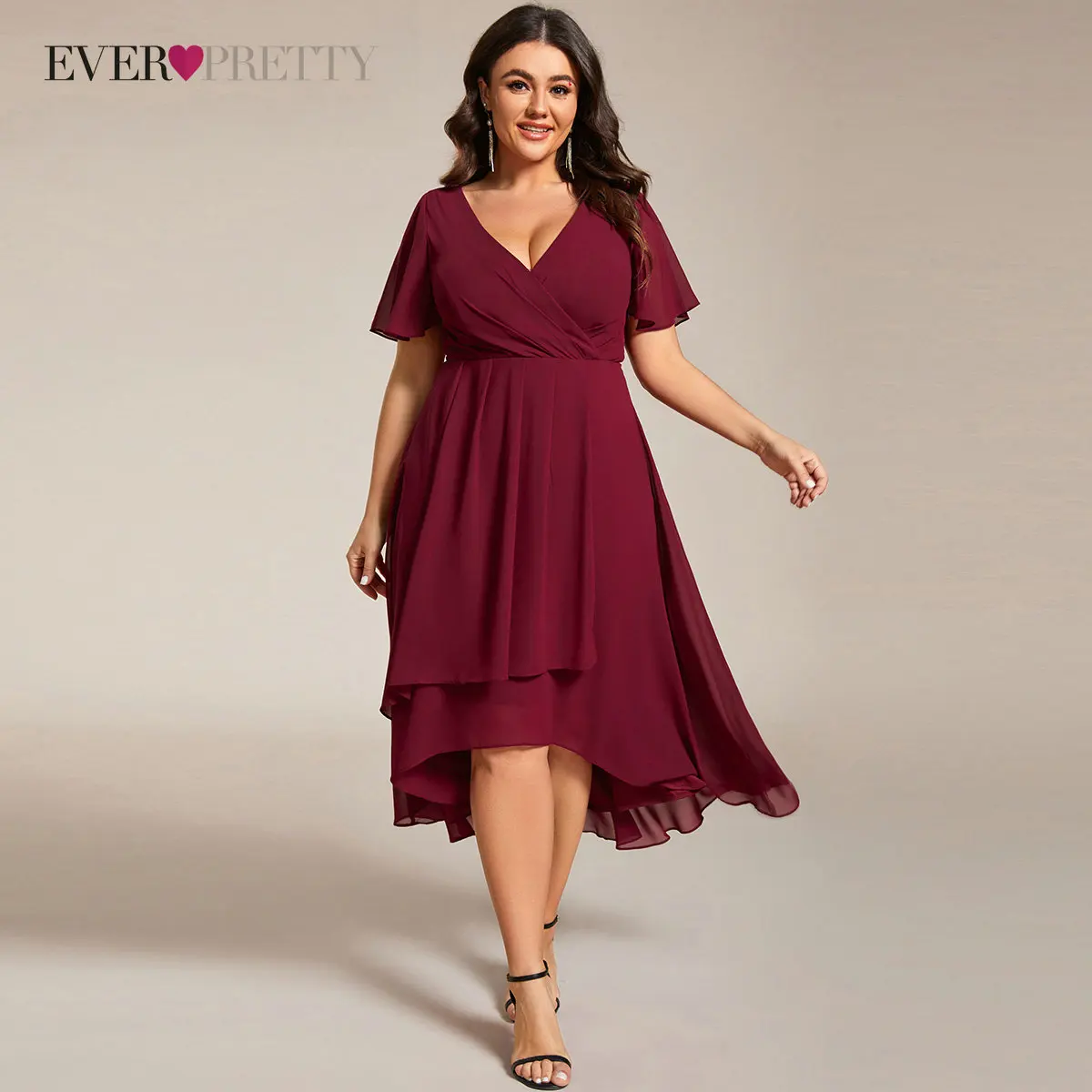 

Ever Pretty Plus Size Chiffon Short Sleeves Pleated V-Neck A-Line Midi Wedding Guest Dress High Low Party Dress robes de soirée