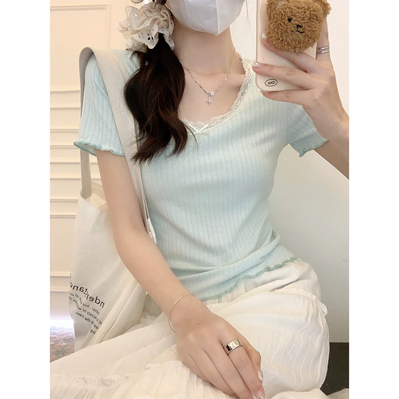 Women's Summer Solid Square Collar Pullover Bow Lace Patchwork Short Sleeve T-shirt Fashion Casual Elegant Office Lady Sexy Tops