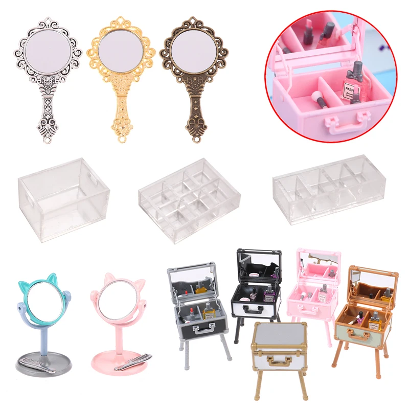 1Set 1:12 Dollhouse Mini Vanity Cosmetic Case Lipstick Perfume Air Cushion Mirror With Holder Furniture Decor Play House Toys rotatable rotating makeup brush holder cosmetics organizer with lid for vanity multi functional pen holder lipstick storage box