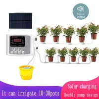Garden Drip Irrigation Device Double Pump Controller Timer System, Solar Energy Intelligent Automatic Watering Device for Plants