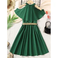 Robe de princesse pour filles de 8 à 12 ans, épaules dénudées, verte, avec ceinture, pour enfants filles, école d'été, tenue trapèze décontractée quotidienne 5