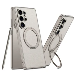 Luxury Magnetic Leather Phone Cover with 360 Rotating Ring Holder and Stand - Galaxy S26 Ultra (Grey)